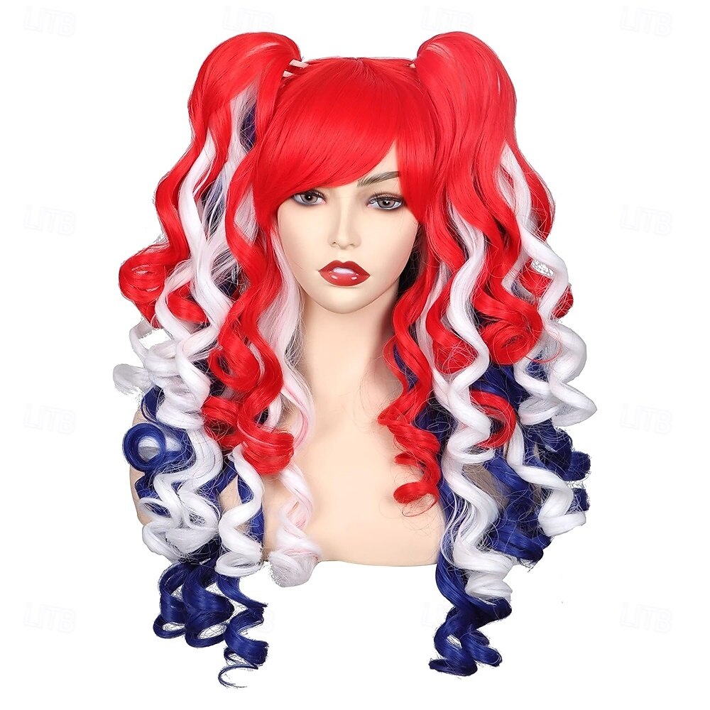 Lång Lockig Cosplay Peruk med 2 Hästsvansar (Röd/Vit/Blå) 2026 - $38.99 –P1