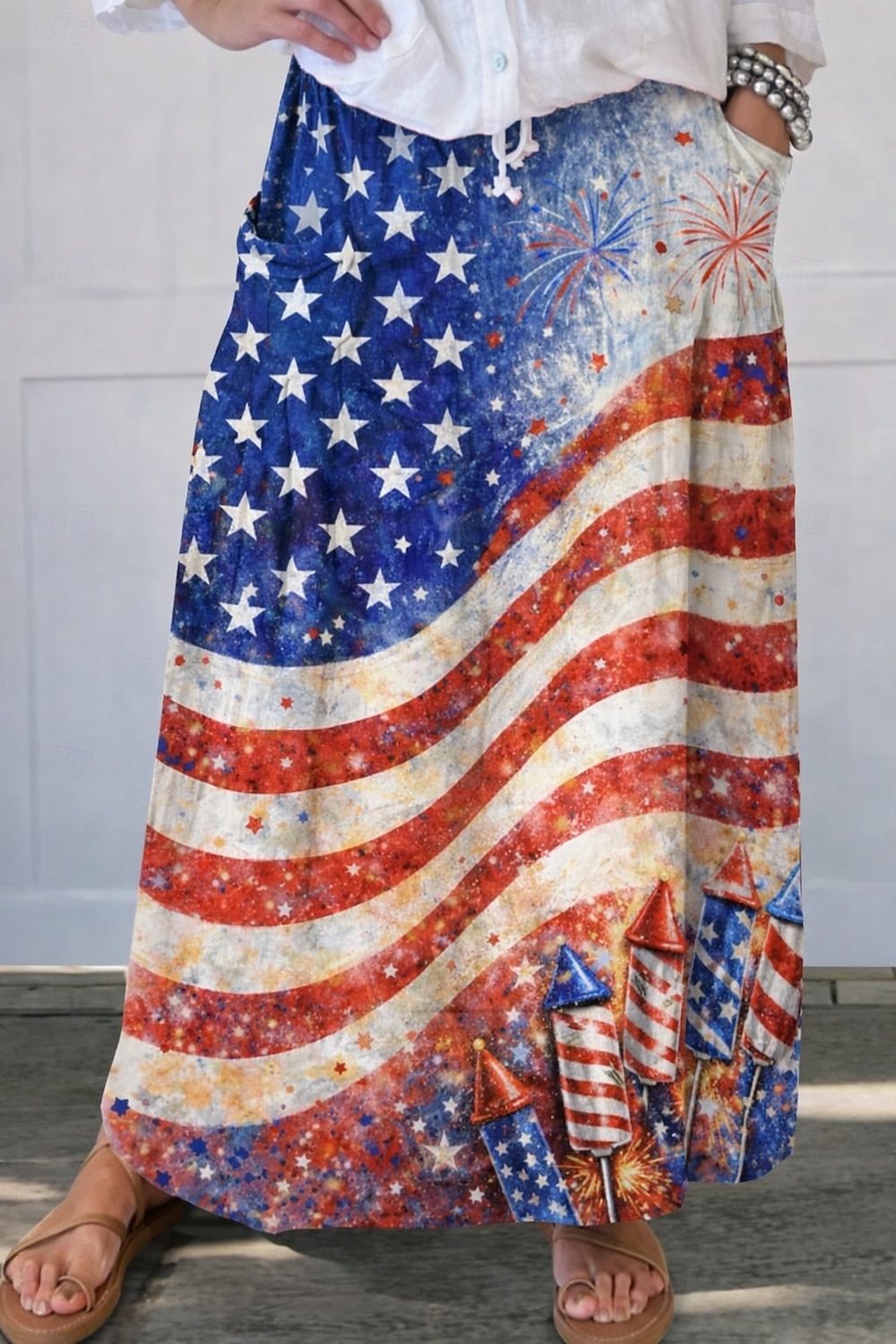 2026年 独立記念日レディースヴィンテージファッションカジュアルマキシハイウエストスカートグラフィックプリントマイクロエラスティックデイリーストリートブルーレッドサマーポリエステル  コレクション – $38.99 –P1