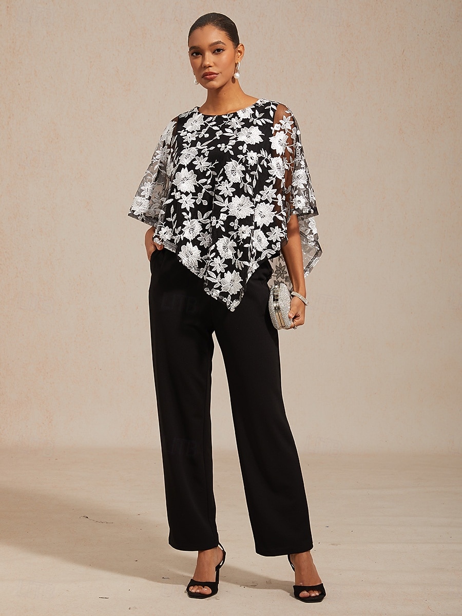 2026年 女性用 ブラウス レーストップス レース 刺繍 フラワー エレガント ハーフスリーブ バットウィングスリーブ クルーネック 日常 結婚式のゲスト ブラック 夏 春 秋  コレクション – $86.99 –P9