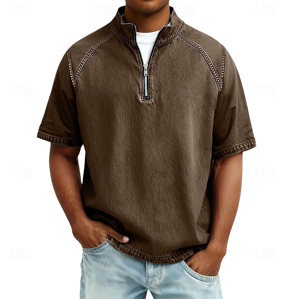 Heren Overhemd van 100% katoen met zure wassing T-shirt Korte mouw Opstaand Herfst winter Lente Herfst Effen Vintage Streetwear Casual Rits omhoog Kledingstuk geverfd Standaard Casual Huis Straat 2026 - $31.99 –P6