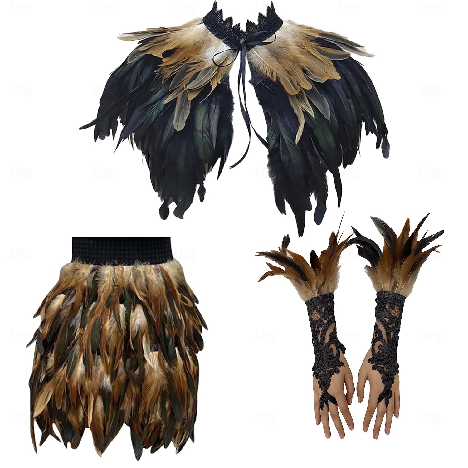 Carnaval 2026 Rio Carnaval Samba Accessoires 3-delig Vrouwen Veer Kostuum Set Gotische Veer Cape Sjaal Mini Rok  Lange Kant Polsmanchetten Brazilië Festival Performance Kostuum 2026 - $65.99 –P4