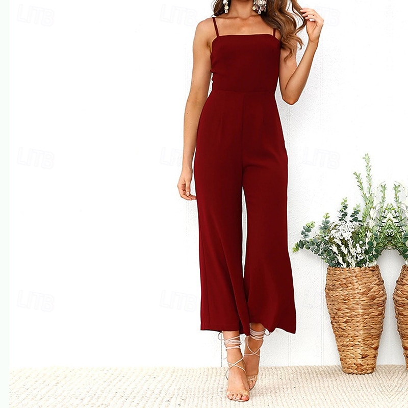 Dame Normal Kjeledresser Aktiv Helfarge Ermeløs Bred Bukseben Firkantet hals Daglig Feriereise Normal Svart Gul Vin Sommer 2026 - $21.99 –P9