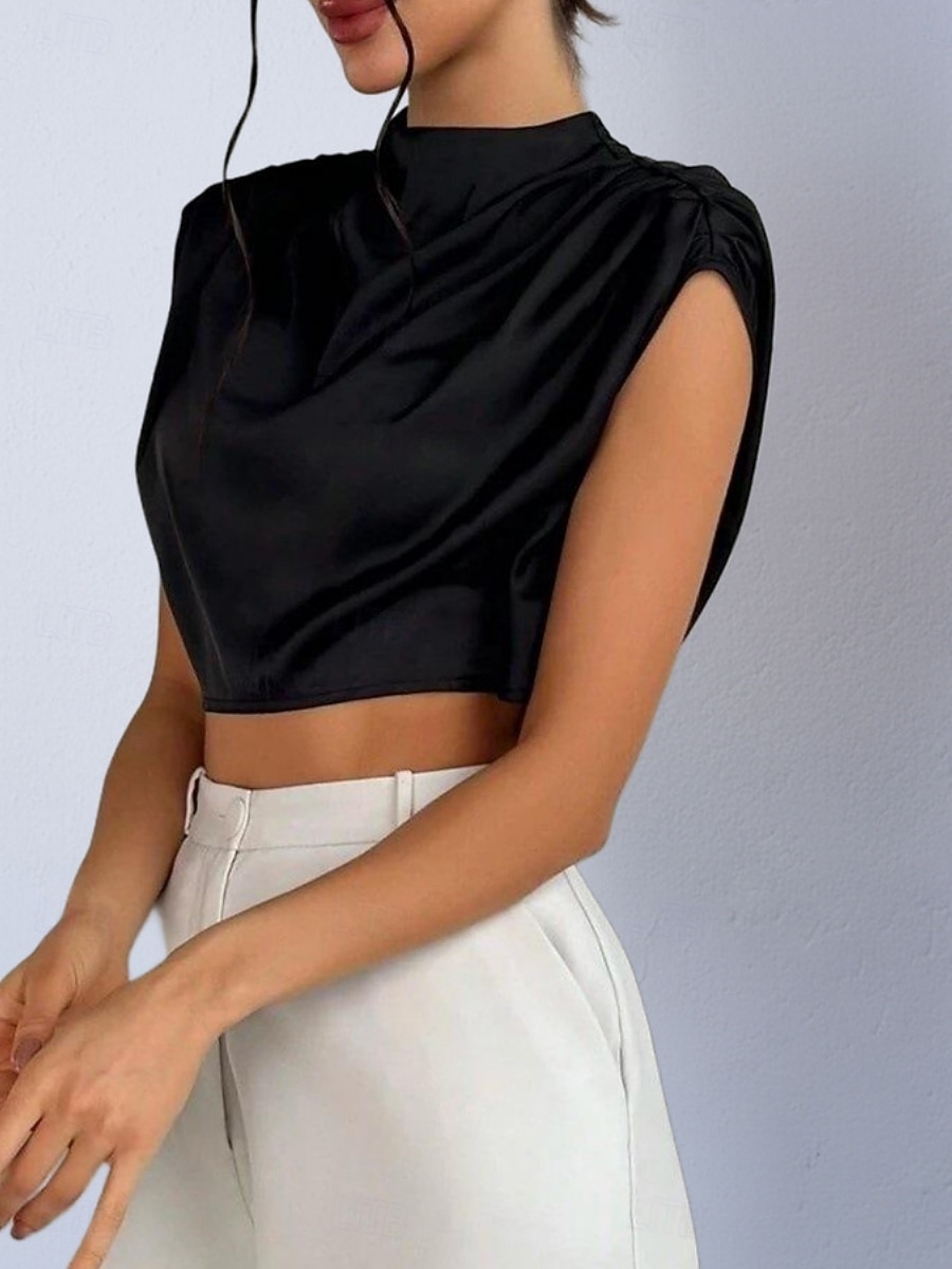 Damen Hemd Satinhemd Bluse Wickel-Crop-Top Gerafft Einfach Vintage Stilvoll Klassisch Kurzarm Hoher Ausschnitt Crop Tops Täglich Ferien Ausgehen Schwarz Weiß Marineblau Braun Grün Frühling Herbst 2026 - $22.99 –P10