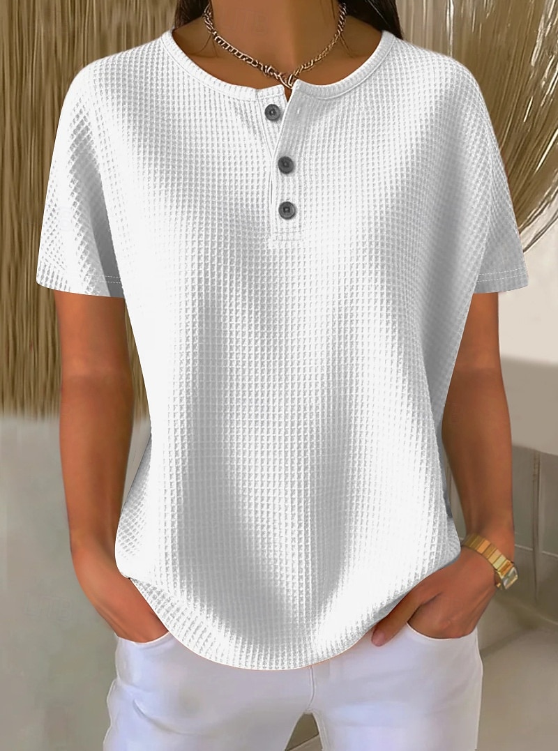 בגדי ריקוד נשים אוברסייז חולצה קצרה טי שירטס טופים מארג וויפל כפתור קדמי אחיד אופנתי מסוגנן קלסי שרוולים קצרים צווארון עגול קצר הנלי חולצות רגילות יומי ליציאה סוף שבוע לבן כתום קיץ אביב 2026 - CLP $26680 –P9