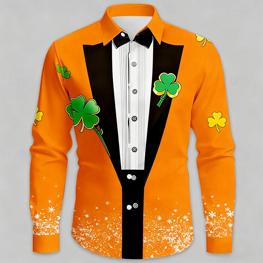 St. Patrick's Day Men's Clover Faux Collar and Suit Design Shirt Button Up Shirt Long Sleeve Fashion Casual Party Holiday Spring Fall Turndown 3D Print Collared Shirts Yellow Purple Orange Green 2026 - $25.99 –P2