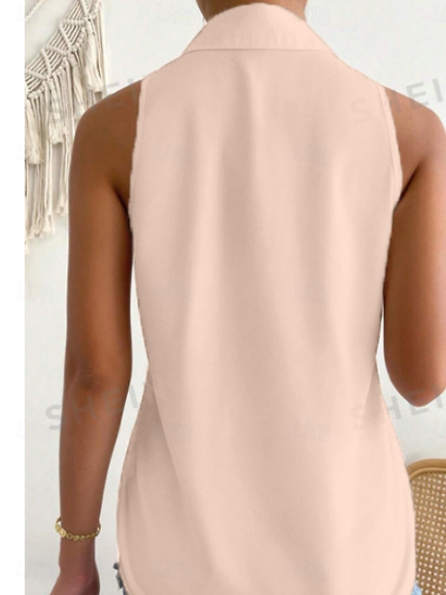 Dames Satijnen overhemd Kampshirt Met ruches Effen Kleur Elegant Stijlvol Casual Mouwloos Overhemdkraag Normale tops Dagelijks Zwart Wit Paars Oranje Beige Zomer Lente 2026 - $22.99 –P8