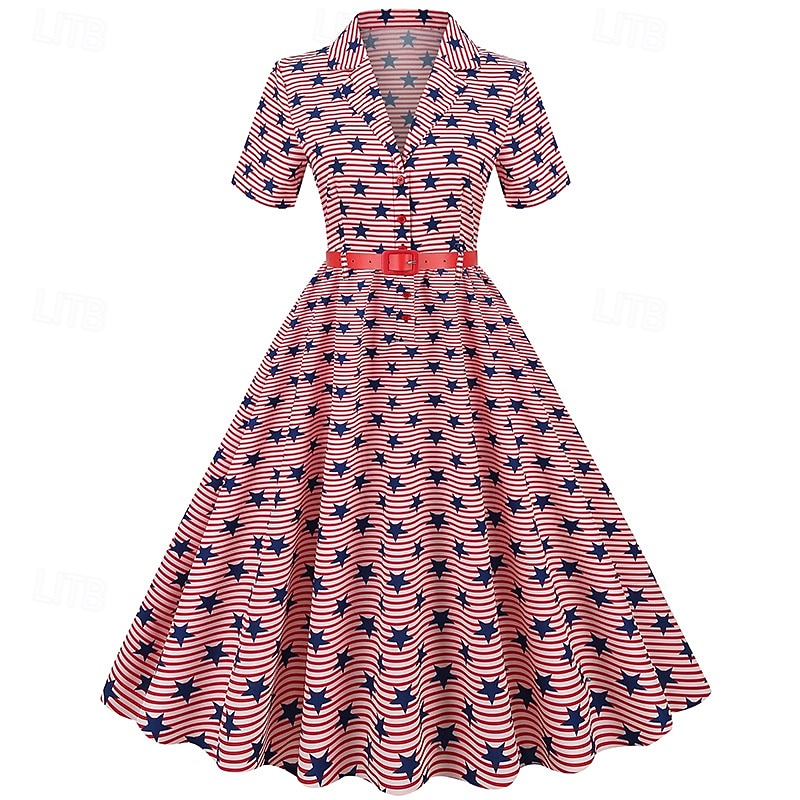250-årsjubileum i USA 1950-tallet Retro / vintage Middag Kjoler Swing kjole Flare kjole Korte ermer Trang og vid passform Huske Kostyme Dame 4. juli Uavhengighetsdagen Voksne Kjole Vår sommer 2026 - $34.99 –P1