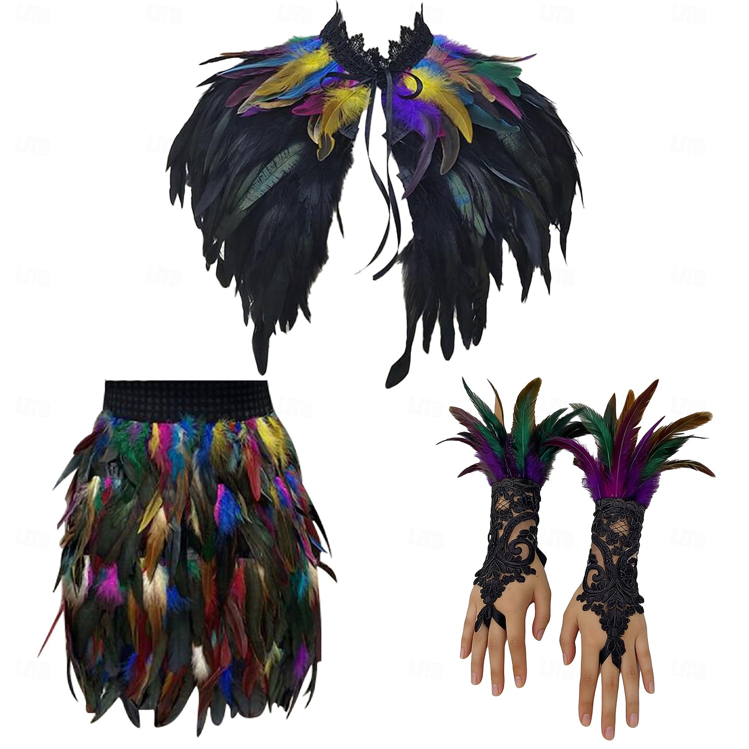 Carnaval 2026 Rio Carnaval Samba Accessoires 3-delig Vrouwen Veer Kostuum Set Gotische Veer Cape Sjaal Mini Rok  Lange Kant Polsmanchetten Brazilië Festival Performance Kostuum 2026 - $65.99 –P7