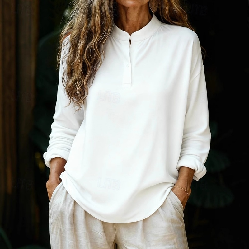 Жен. Рубашка Блуза Искусственный хлопок и лен Пуговицы Полотняное плетение Стиль Современное Длинный рукав Вырез под горло Обычные топы Повседневные Праздники На выход Белый Розовый Красный Зеленый 2026 - $18.49 –P3