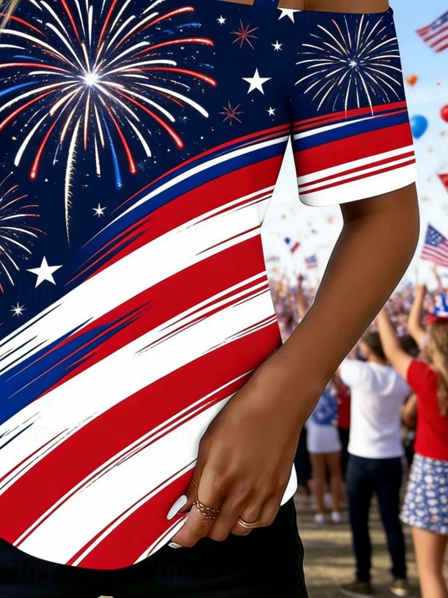 American Independence Day Women's T Shirt Tee Top Print Graphic American Flag Fashion Classic Casual Short Sleeve One Shoulder Regular Tops Daily Going out Weekend Blue Summer Spring 2026 - $23.99 –P3