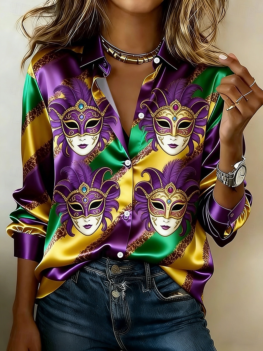 Mardi Gras Dámské Košile Grafika Geometrický Abstraktní Vinobraní stylové Moderní Dlouhý rukáv Košilový límec Běžné topy Denní Dovolená Žlutá Fialová Trávová zelená Léto Jaro 2026 - $28.99 –P2