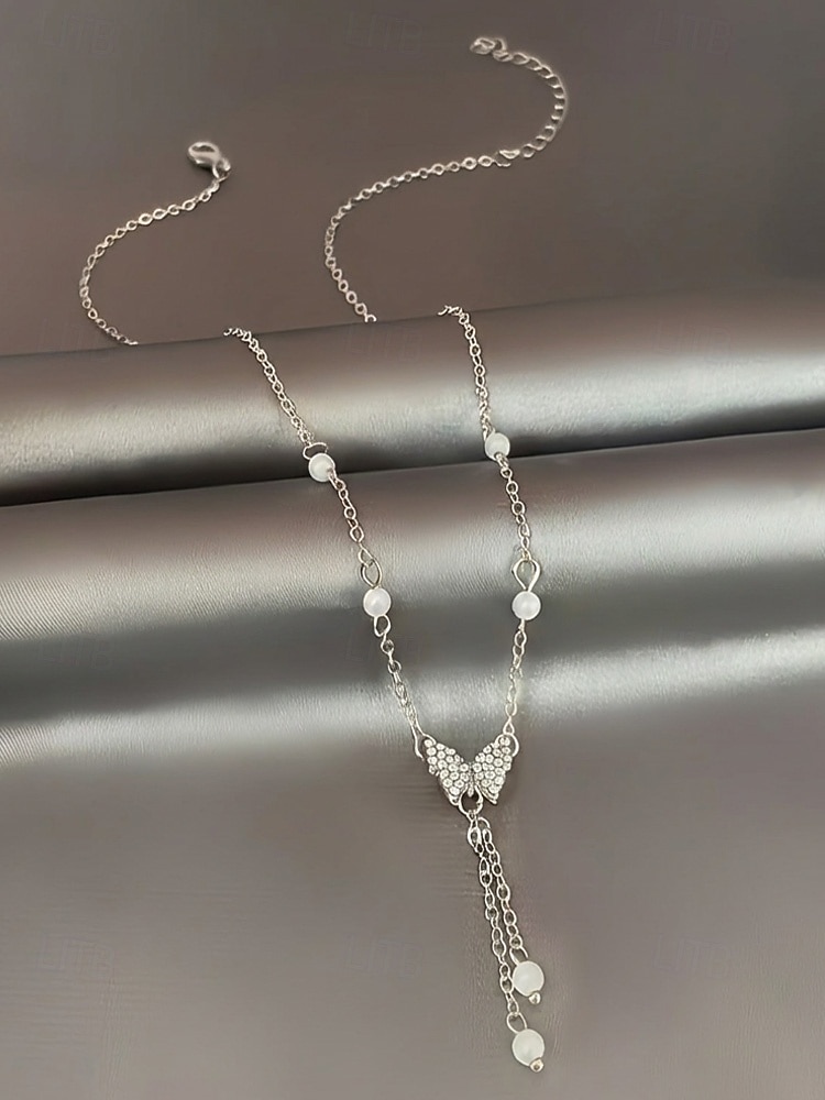 Női ötvözet műgyöngyös pillangós nyaklánc, finom Y-láncos kialakítás, arany és ezüst árnyalatok, elegáns minimalista stílus, tökéletes mindennapi viseletre, hétköznapi öltözékekhez és rétegezéshez 2026 - $5.99 –P7