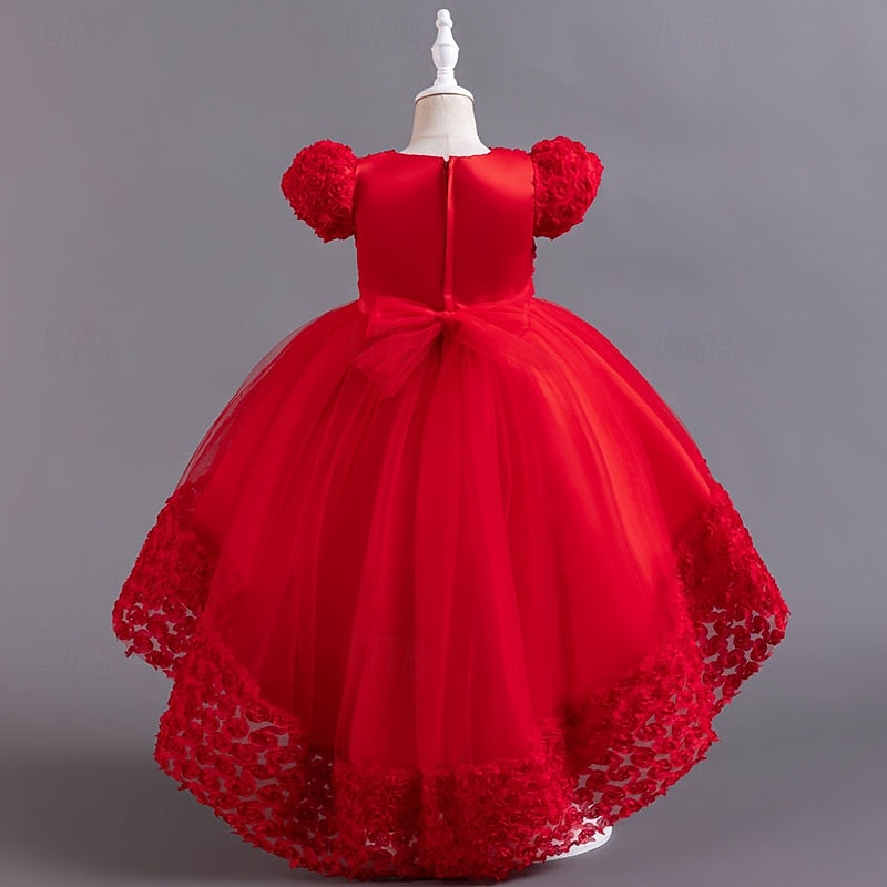 Flower Girl Dress Girls' Formal Dress Wedding Attire Party Wedding Formal Adorable Princess Sweet Patchwork Mesh Solid Color Short Sleeves Crew Neck Pink Red 4 years+ 2026 - $47.99 –P7