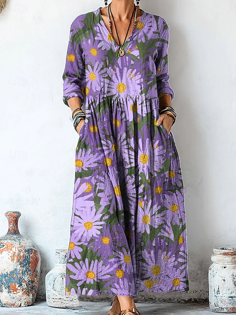 Per donna Abito Midi Abito a Tubino Casual Data Vestibilità comoda Floreale Grafico Manica Lunga Scollo a V Giallo Rosa Viola Estate Primavera del 2026 a $35.99 –P3