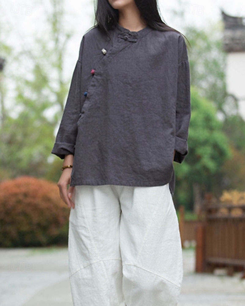 Camicia da donna a maniche lunghe con colletto alla coreana in lino biologico del 2026 a $45.99 –P15
