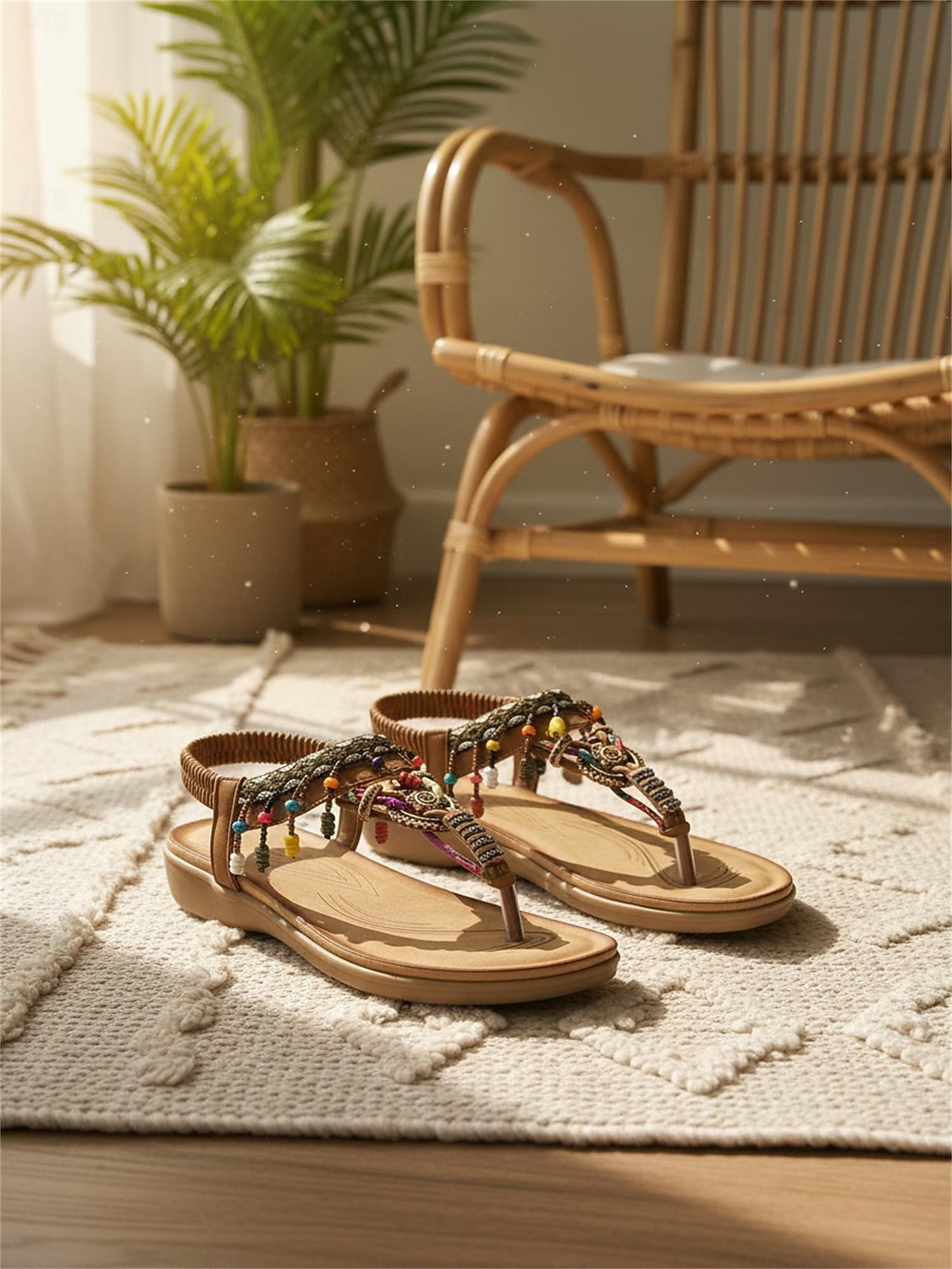 Braune Damen-Sandalen im Boho-Stil mit T-Riemen und bunten Perlenanhängern – Vintage-Ethno-Stil, bequeme flache Schuhe für Strandurlaube und Sommerresorts 2026 - $42.99 –P3