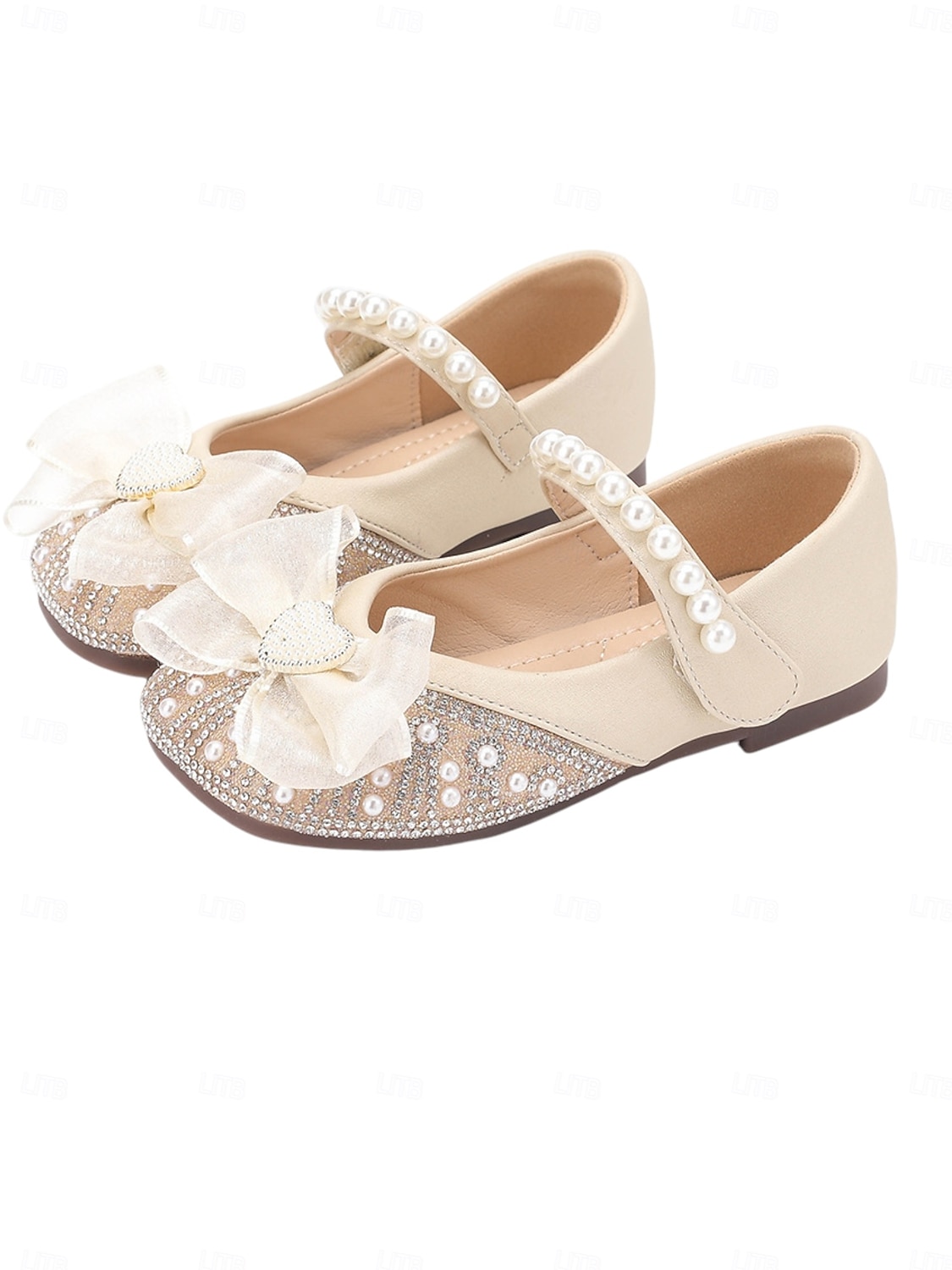 Barnesko med perlebånd og sløyfe til blomsterpiker med strass-tå, elegante prinsessesko til små jenter i kunstskinn, komfortable brudesko med lav hæl, perfekte for blomsterpiker 2026 - $24.99 –P1