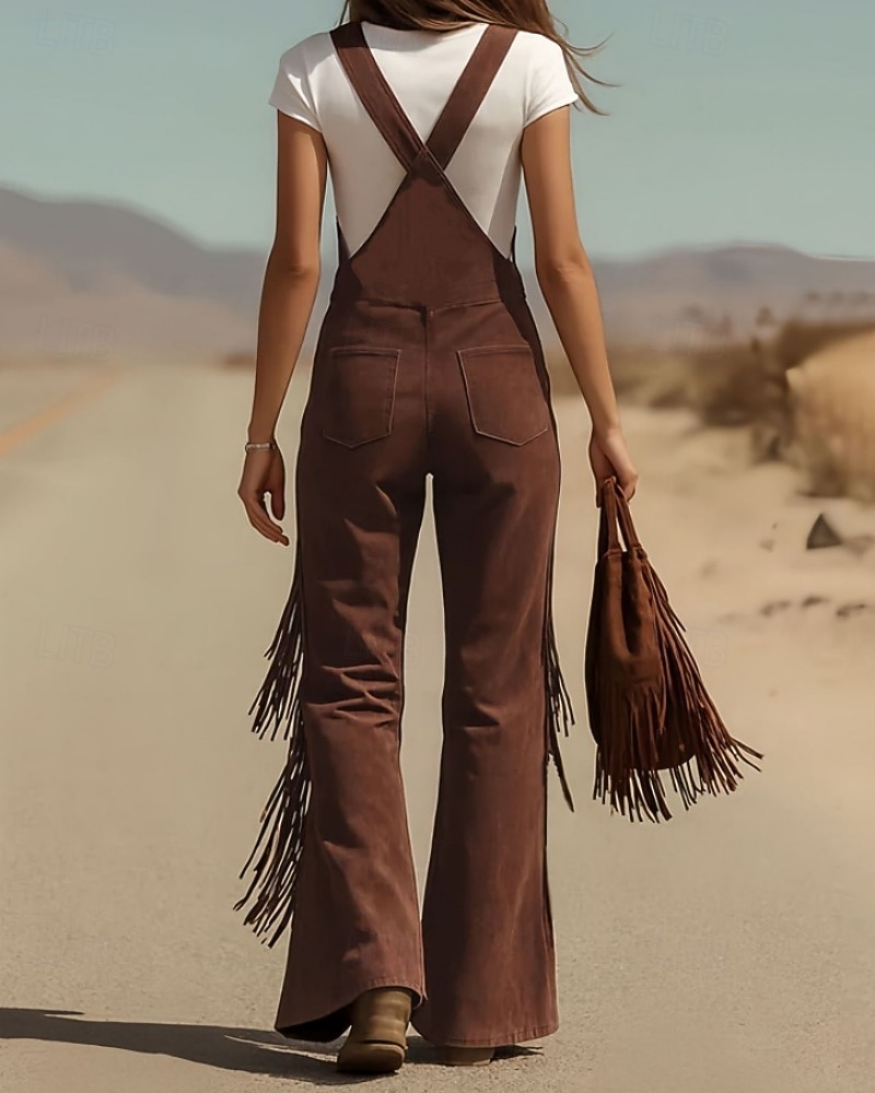 Жен. Брюки карго Широкие Биб Колготки Комбинезон Мода Уличный стиль На каждый день Полная длина Завышенная Полотняное плетение С кисточками Карман удобный Неэластичная 2026 - $61.99 –P2