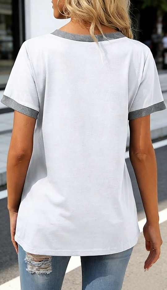 Dames T-shirt Lapwerk Zak Kleurenblok Effen Kleur Stijlvol Casual Korte mouw V-hals Lange tops Dagelijks Uitgaan Zwart Wit Rood Grijs Zomer Lente 2026 - $24.99 –P4