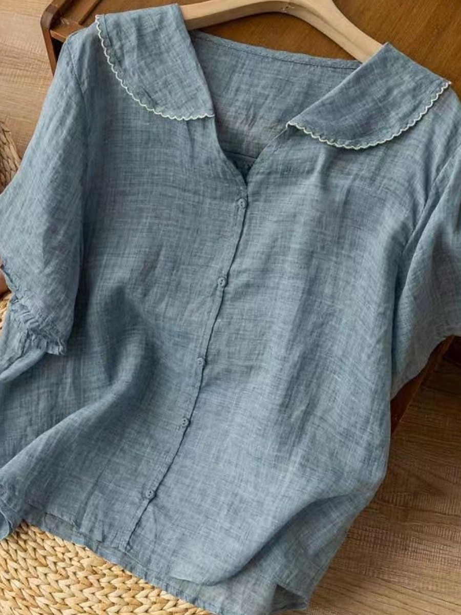 Damer Lin Lignende Fausk Sød Bomull Linned Skjorter Knapper Enfarget Daglig Basis Uformell Halv Ermet Skjorte Krage Regelmessige Topper Daglig Blå Hvit Rosa Oransje Grønn Sommer Vår Høst 2026 - $22.99 –P8