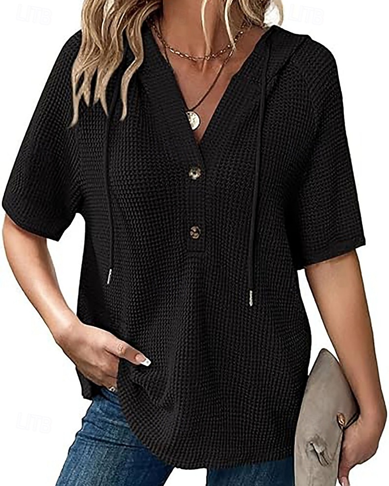 Dame Skjorte Bluse Lapper Knapper عادي Elegant Stilfull Klassisk Kortermet Med hette Vanlige topper Daglig Ferie Ut på byen Svart Hvit Rosa Rød Navyblå Sommer Vår 2026 - $29.99 –P6