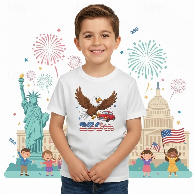 100% Cotton Kids Boys' Blue Black White Graphic Eagle 250th Anniversary T shirt Blouse Crew Neck Short Sleeve Outdoor Dailywear Fashion Streetwear Designer Printing Summer Spring 2026 - $19.99 –P2