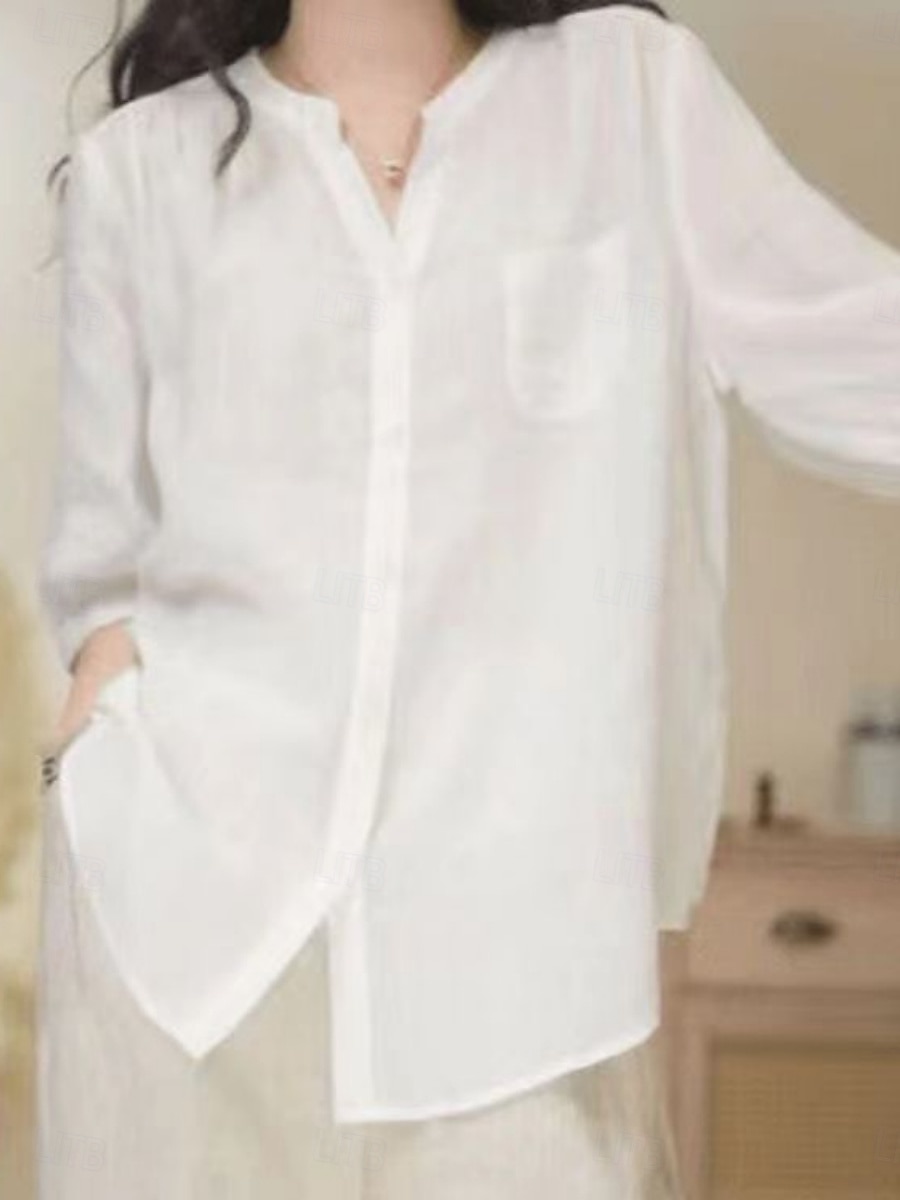 Per donna Camicie effetto lino Tasca Tinta unica Quotidiano Essenziale Casual Manica Lunga Scollo a V Top Regolari Quotidiano Blu Bianco Blu marino Arancione Verde Estate Primavera Autunno del 2026 a $21.99 –P1