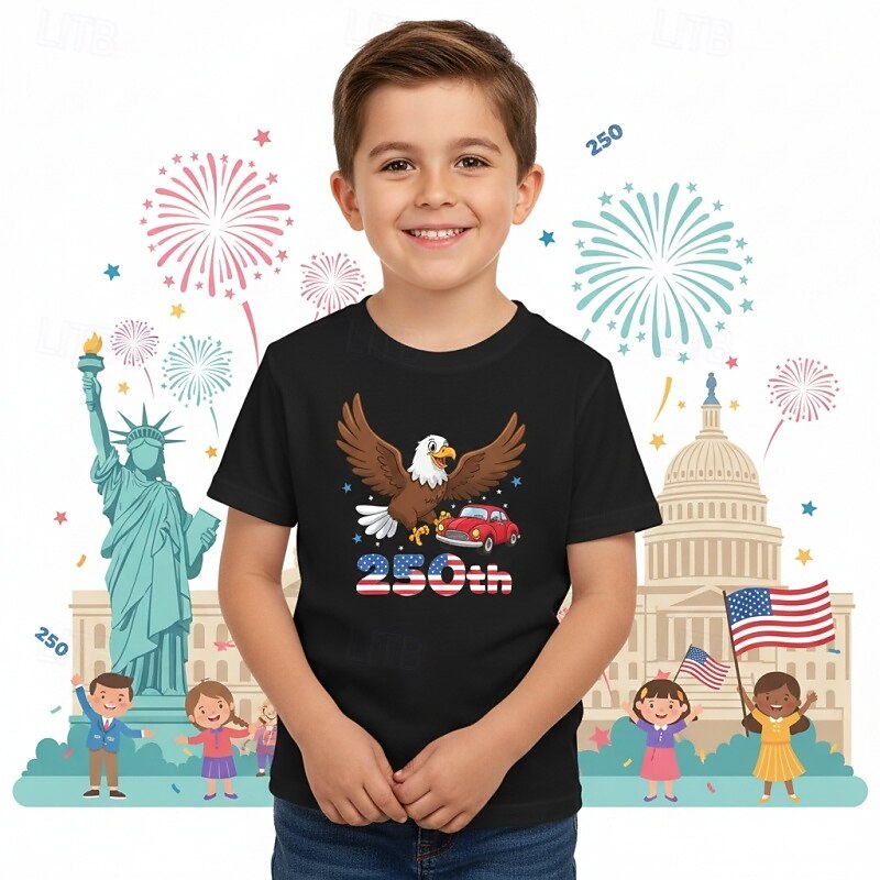 100% Cotton Kids Boys' Blue Black White Graphic Eagle 250th Anniversary T shirt Blouse Crew Neck Short Sleeve Outdoor Dailywear Fashion Streetwear Designer Printing Summer Spring 2026 - $19.99 –P1