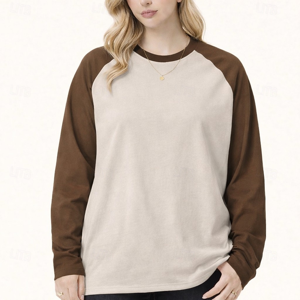 Women's 100% Cotton Oversized Tee Raglan T Shirt Patchwork Color Block Vintage Stylish Casual Long Sleeve Crew Neck Long Tops Daily Going out Brown And White Black and White Brown Summer Spring Fall 2026 - $37.99 –P6