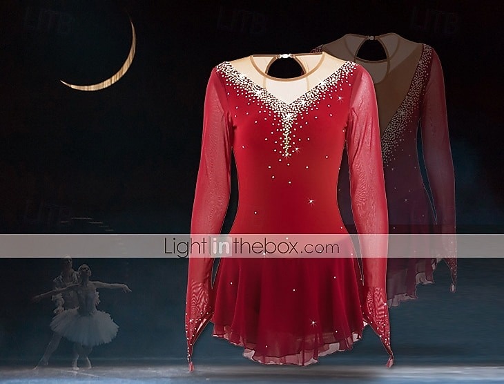 Red Rhinestone Figure Skating Dress for Women & Girls – Long Sleeve Mesh Competition Costume with V Open Back and Flowy Asymmetrical Skirt 2026 - $131.99 –P1