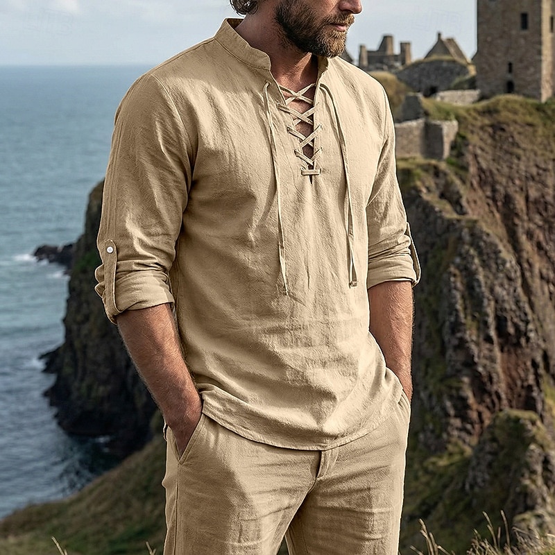 Homme Chemise Chemise en lin Style Viking Chemise popover Chemise d'été Chemise à col officier Uni Occasionnel Vacances Noir Blanche Vert Kaki manche longue Col en V Été Printemps Vêtement Tenue de 2026 ? $25.99 –P7