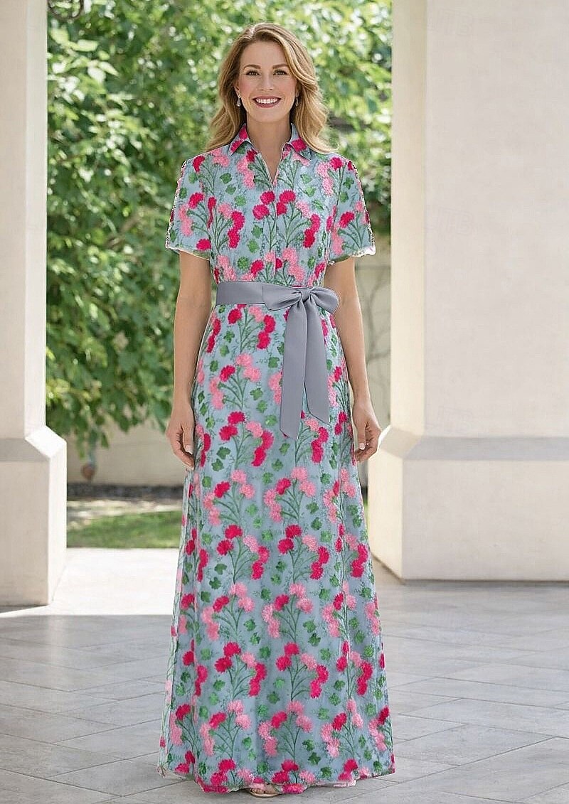 Linea ad A Lunghezza al pavimento Abito da invitata a nozze Abito da cerimonia per signora Manica Corta Colletto a Camicia Elegante Formale Derby del Kentucky Semi-Formale Pizzo con Ricamo del 2026 a $182.99 –P1