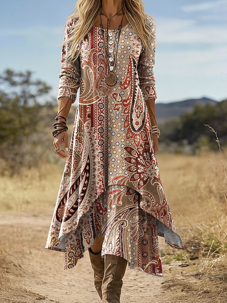 Vestido Midi Feminino Boho Vestido Shift Casual Diário Férias Ajuste Solto Gráfico Geométrico Paisley Manga Longa Decote Redondo Amarelo Claro Verde Claro Fúcsia Marrom Verão Primavera Outono de 2026 por $48.99 –P4