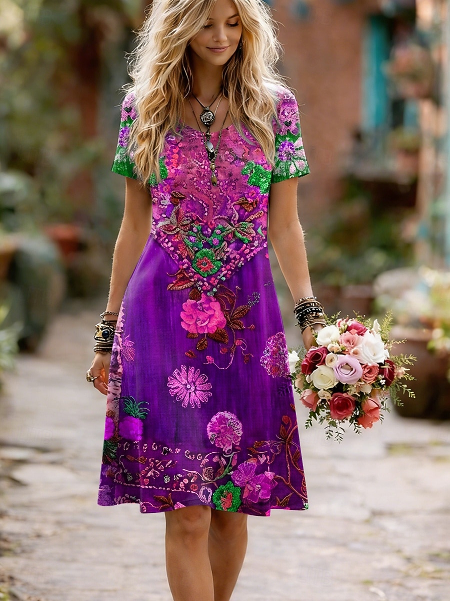 Damskie Sukienka midi Sukienka trapezowa Sukienka t-shirtowa Codzienny Codzienny Regularny Kwiaty Graficzny Krótki rękaw Półgolf Czerwony Królewski błękit Fioletowy Zielony Lato Wiosna 2026 - $24.99 –P2