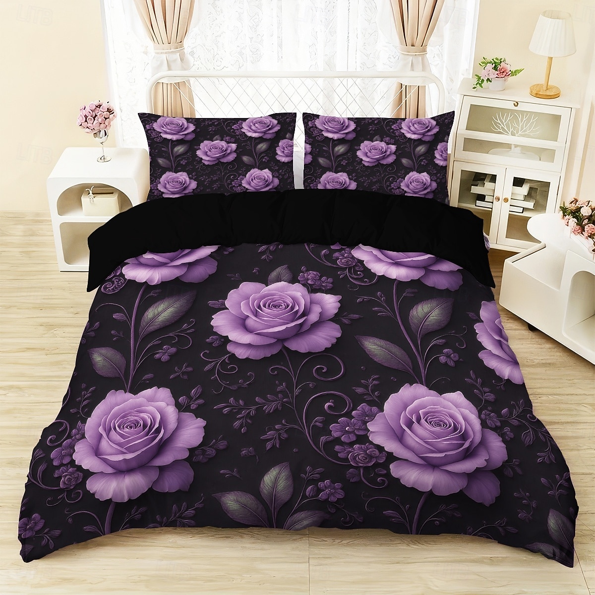 Juego de funda nórdica con estampado de flores y mariposas de rosas moradas, juego de cama estilo hotel con 1 funda nórdica y 2 fundas de almohada, tela de felpa suave, no incluye edredón. 2026 - $44.99 –P2
