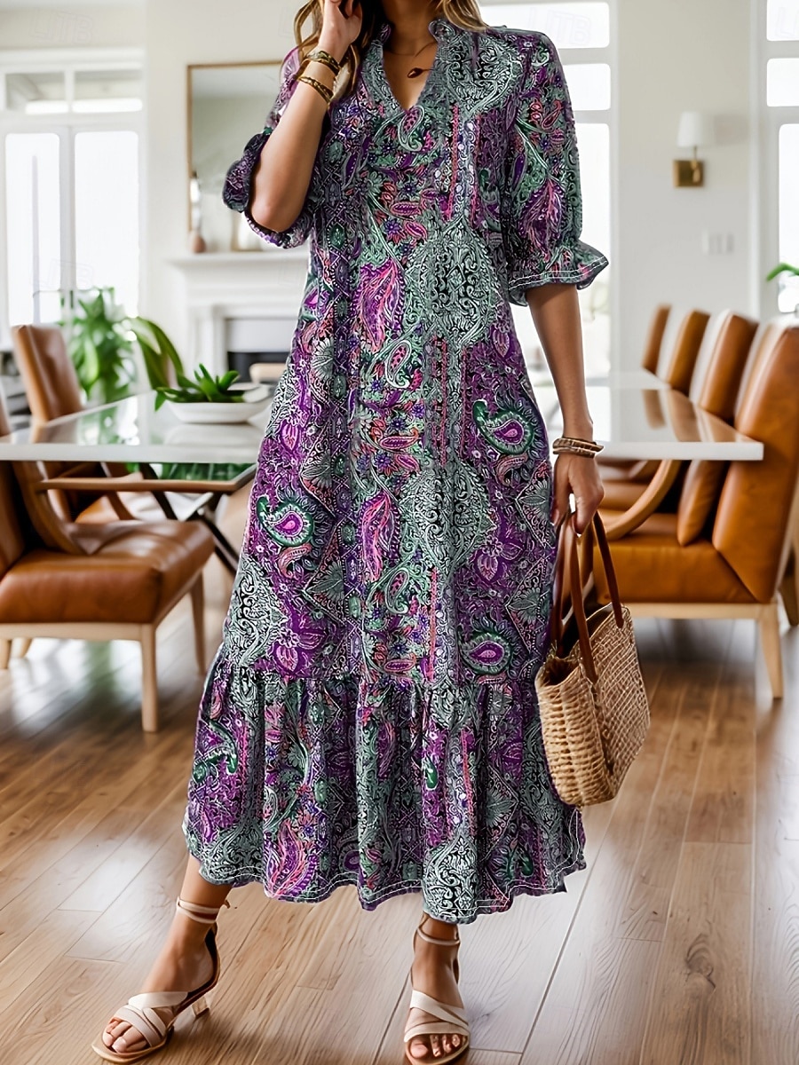 Women's Midi Dress Floral Dress Print Dress Fashion Modern Outdoor Vacation Going out Loose Fit Floral Half Sleeve V Neck Teal Red Purple Summer Spring 2026 - $27.99 –P6