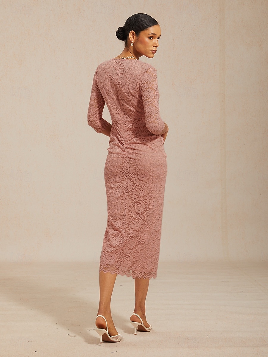 Damen-Midikleid, Etuikleid, figurbetontes Kleid, Lochstickerei, Illusionsspitze, gerafft, elegant, für jeden Tag, Hochzeit, als Gast, Date, normale Passform, Blumenmuster, 3/4-Ärmel, V-Ausschnitt, 2026 - $114.99 –P2
