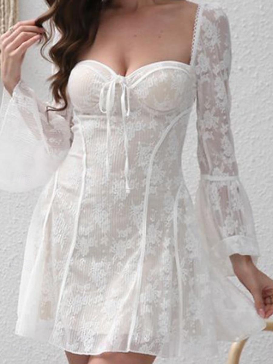Per donna Mini Abito Abito Bianco Abito in Pizzo Vestito Casual Moda Caldo Moderno All'aperto Vacanza Uscire Vestibilità regolare Semplice Manica Lunga Collo quadrato Nero Bianco Estate Primavera del 2026 a $45.99 –P1