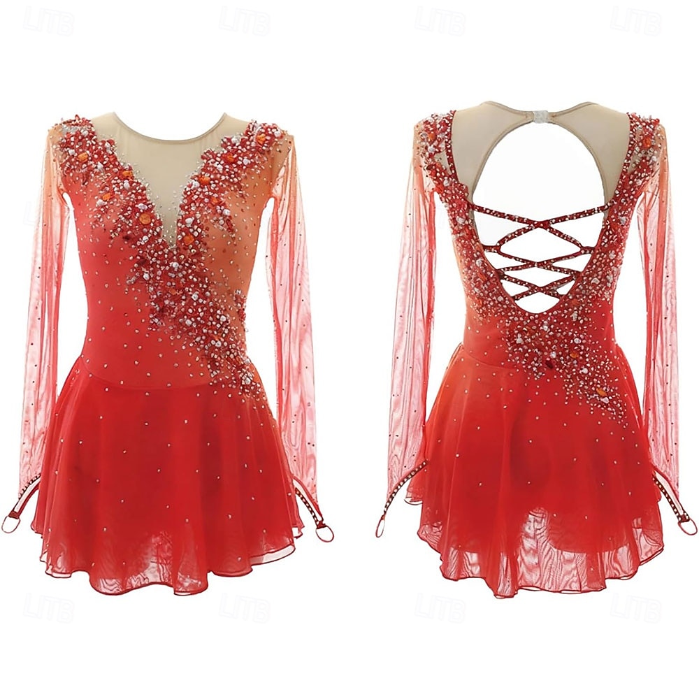 Robe de patinage artistique Femmes Patinage Robe Bleu marine Noir Jaune Patchwork Trou de pouce Élastique Entraînement Compétition Tenue de Patinage Classique cristal pailleté manche longue Patinage de 2026 ? $275.09 –P3