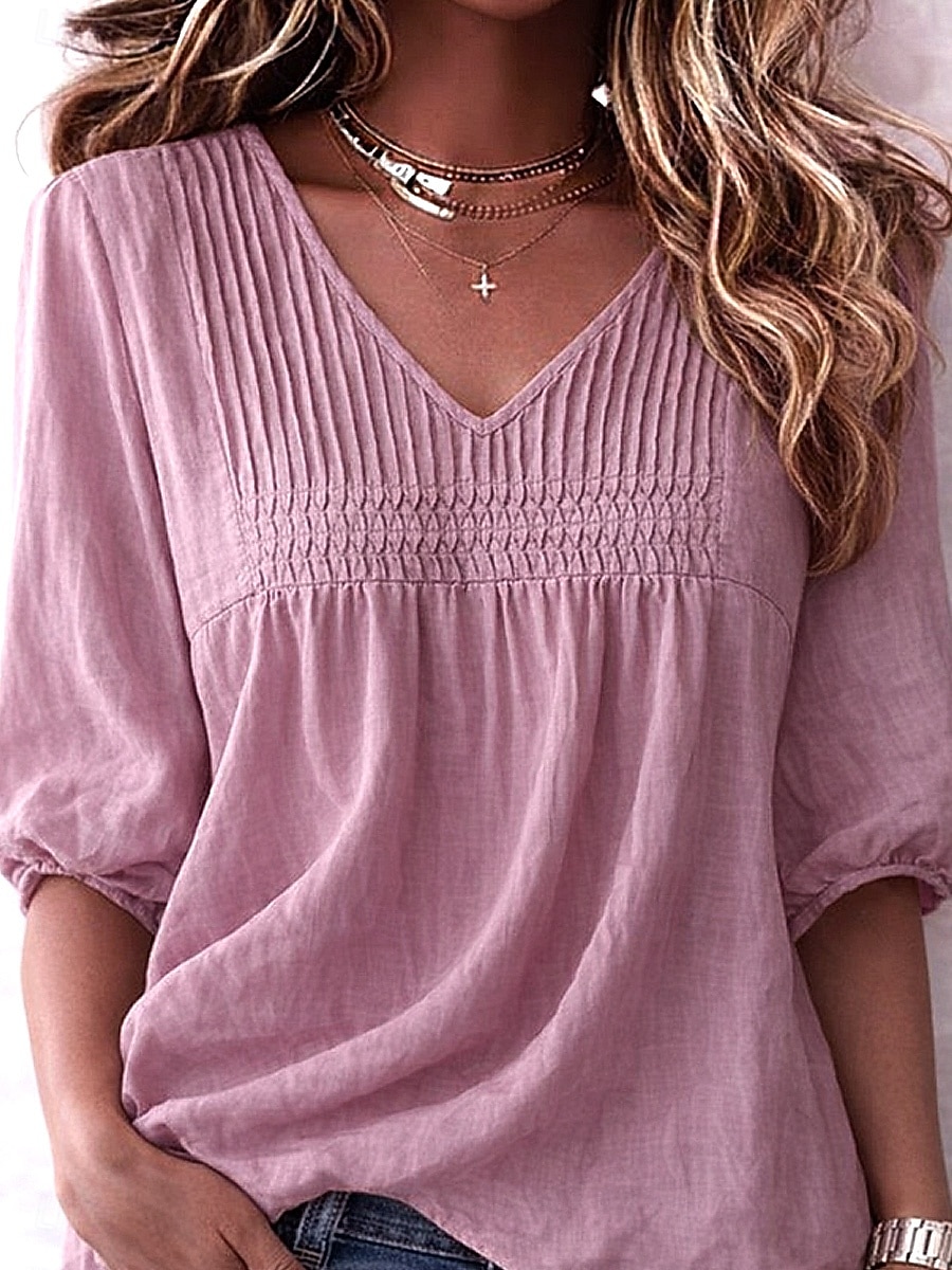 Mulheres Camisa Social Camisas com toque de linho Côr Sólida Tecido Vintage à moda Decote V Tops regulares Azul Branco Rosa Roxo Claro Verão Primavera de 2026 por $25.99 –P7