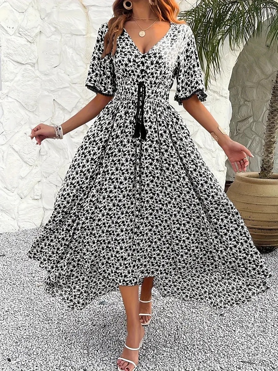 Women's Long Dress Maxi Dress A Line Dress Floral Dress Elegant Fashion Modern Daily Outdoor Vacation Regular Fit Floral Short Sleeve V Neck Blue Black Brown Summer Spring 2026 - $34.99 –P9