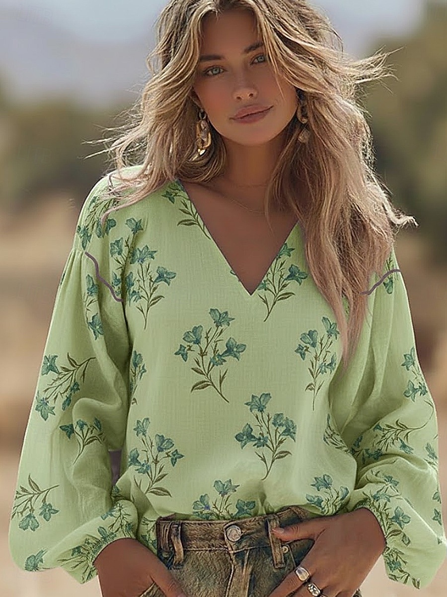 Damenbluse Leinenähnlich Atmungsaktiv Leicht Floral Grafik Elegant Bohème Vintage Langarm V-Ausschnitt Reguläre Oberteile Täglicher Feiertag Patchwork Druck Blau Schwarz Pink Grün Sommer Frühling 2026 - $32.99 –P4