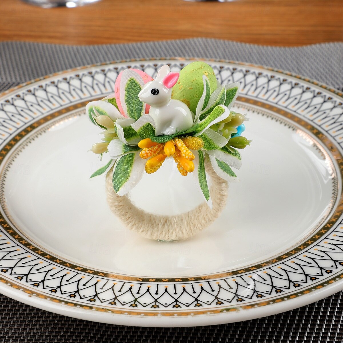 6 st servettringar med påskhare, servetthållare med vårblommor och kanin, spräckliga ägg och prästkragar, bordsdekorationer i lantlig stil för påskmiddag, gröna servettringar 2026 - $19.99 –P12