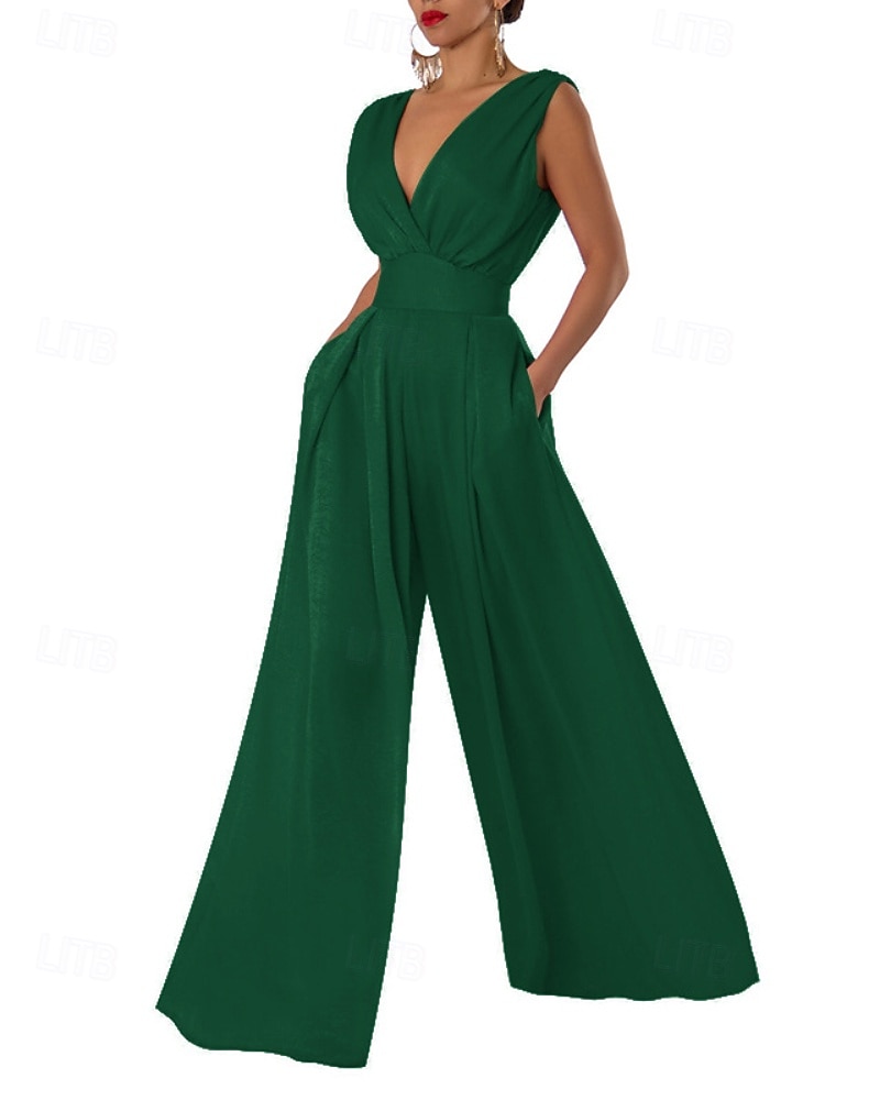 Per donna Normale Tuta Elegante Tinta unica Senza Maniche Gamba larga Scollo a V Pieghettato Vacanza Ferie Vestibilità regolare Nero Verde militare Rosso Estate del 2026 a $33.99 –P11