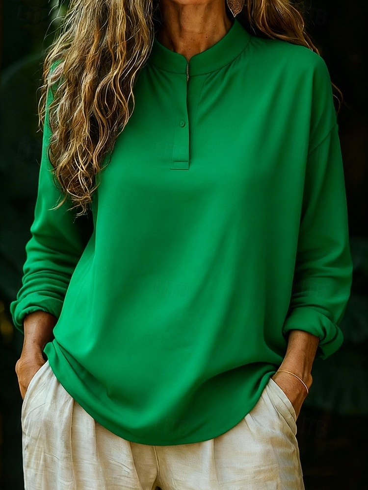 Dam Popover skjorta Casual skjorta Blus Knappar Ensfärgat Dagligen Stylish Ledigt Långärmad Hög krage Vanliga toppar Dagligen Utomhus Vit Rodnande Rosa Rubinrött Grön Sommar Vår Höst 2026 - $21.99 –P3