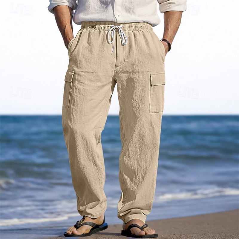 Herr Linne Byxor Långbyxor Sommarbyxor Strandbyxor Snörning Elastisk midja Flera fickor Slät Lättvikt Andningsfunktion Fullängd Ledigt Dagligen Helgdag Semester Mode 다크 카키 Svart Microelastisk 2026 - $25.99 –P13