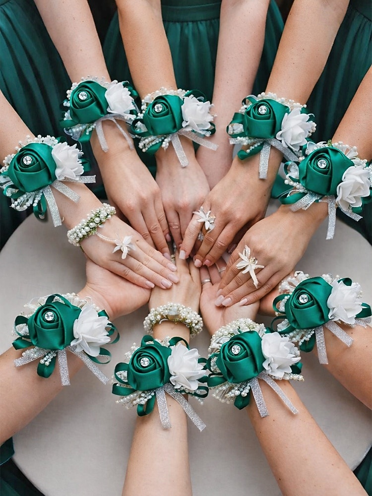 Ramillete de muñeca de rosas para mujer, flor de cinta de poliéster con pulsera elástica de perlas falsas, varios colores, accesorio elegante para damas de honor y novias para bodas, bailes de graduación y eventos formales. 2026 - $9.99 –P1