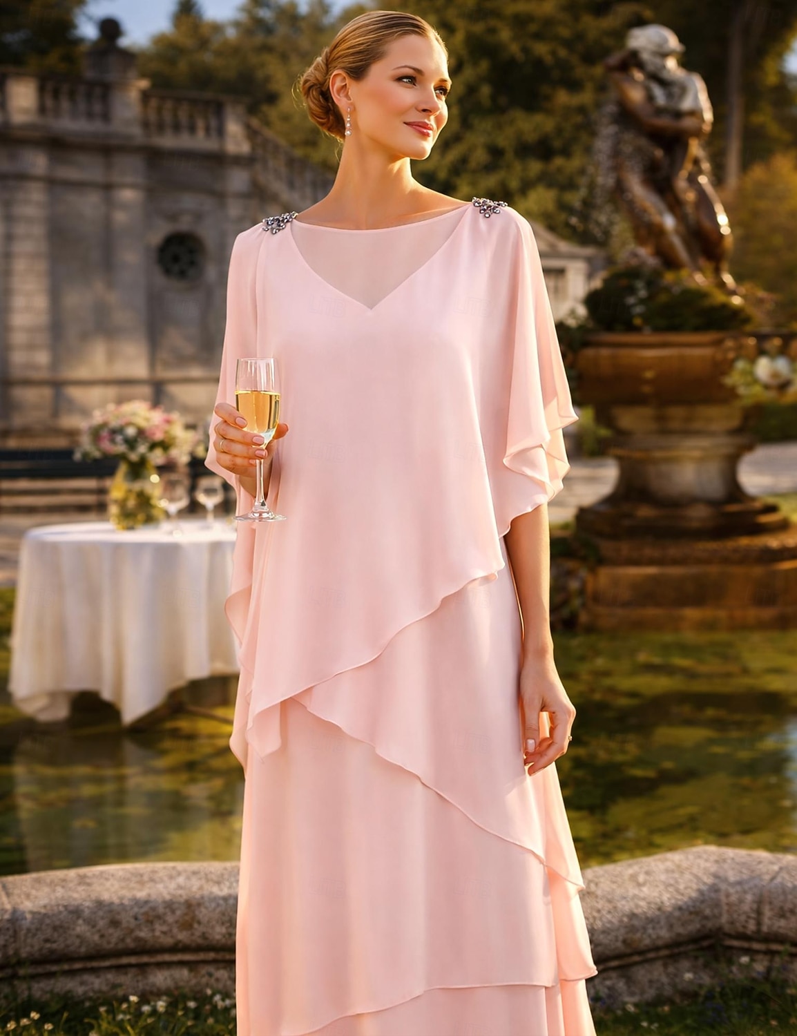 Linea ad A Lunghezza al pavimento Abito da invitata a nozze Abito Formale Abito a Strati Abito da cerimonia per signora Mezza Manica Scollo a Barca Elegante Formale Ospite di nozze Chiffon con Volant del 2026 a $183.99 –P3