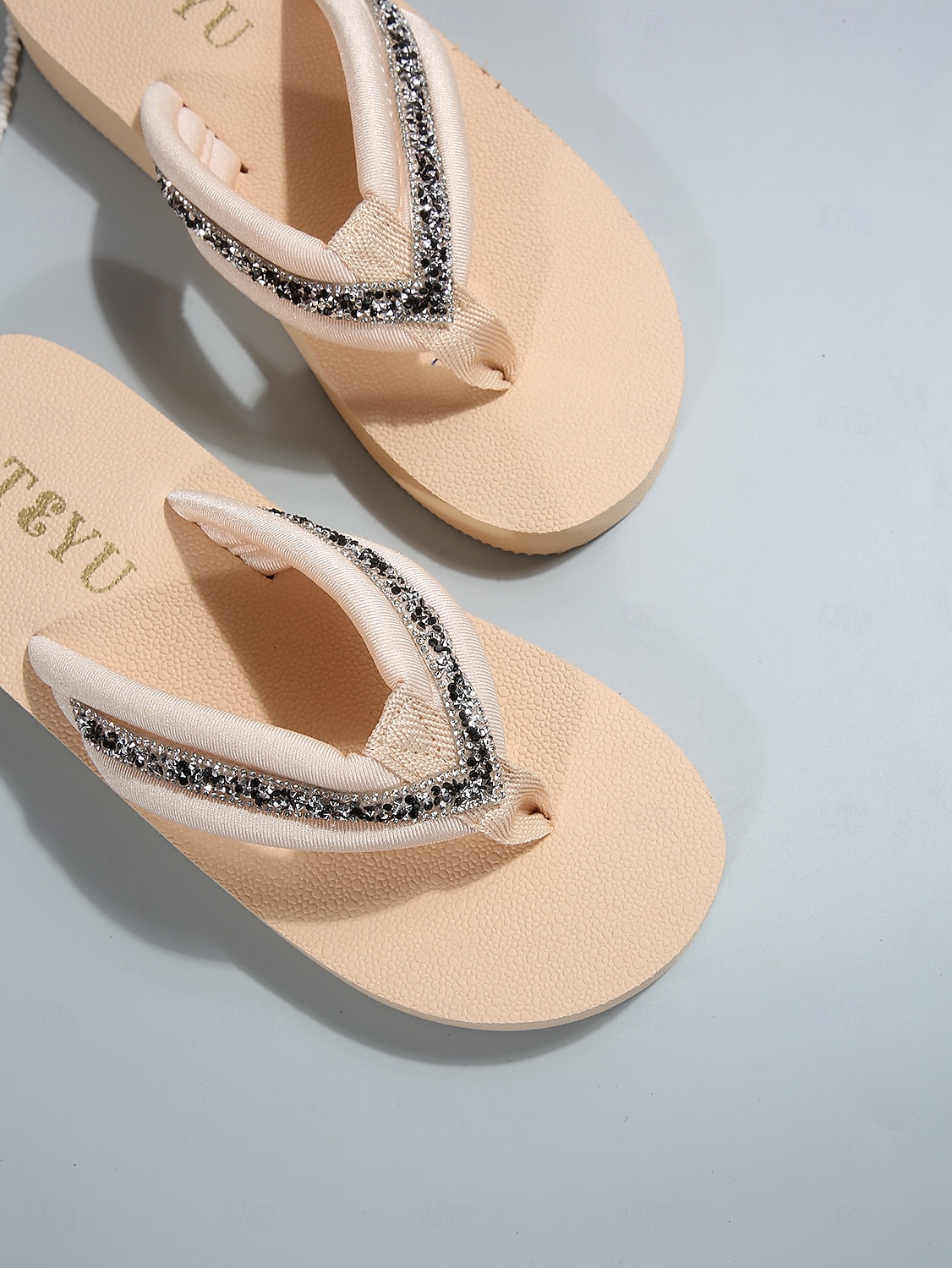 Damflip-flops med glittriga strassdetaljer - eleganta beige sandaler med kristalldetaljer, bekväma platåsandaler för sommarsemester, avkoppling vid poolen &öresor 2026 - $10.99 –P5