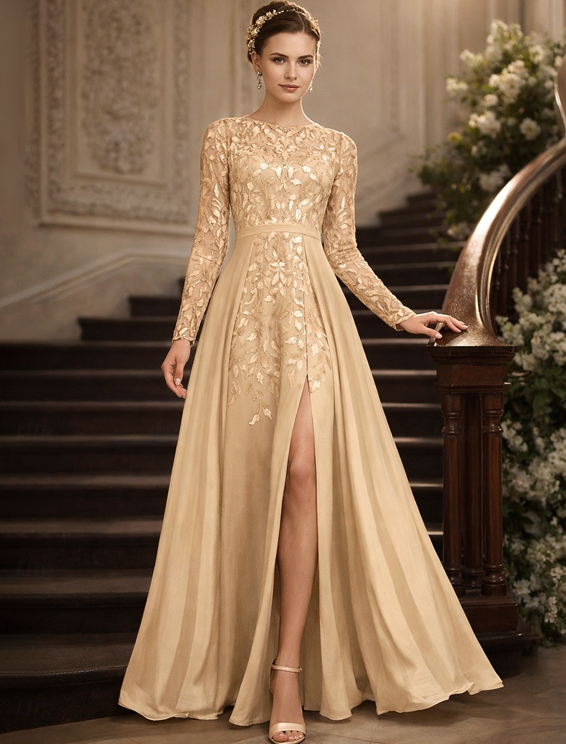 A-Linie Bodenlang Kleid für Hochzeitsgäste Abendkleid Brautmutterkleid Langarm Juwelenhals Elegant Hochzeitsgast Formeller Abend Chiffon Spitze Paillettenbesetzt mit Geteilter Vorderteil Raffung 2026 - $264.49 –P2